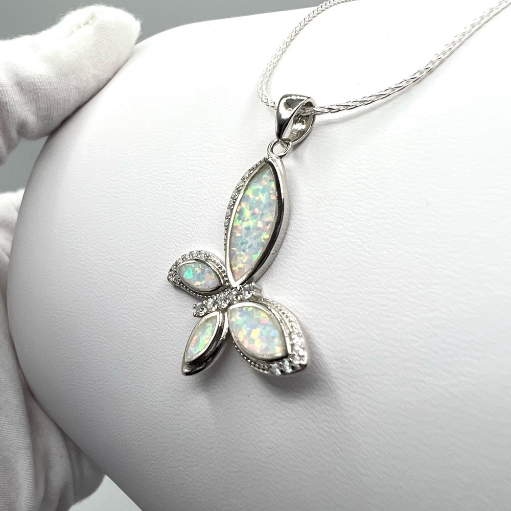 .925 Sterling Silver Lab Created Opal & Cz Butterfly Necklace - Picture 7 of 17